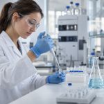 Специалист фармацевтической лаборатории работает с образцами