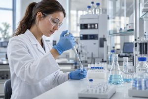 Специалист фармацевтической лаборатории работает с образцами